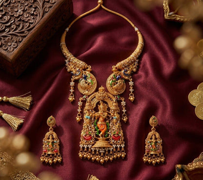 Jewel City Antique Gold Plated South Indian Temple Jewelry Set - Krishna Motif Necklace with Jhumka Earrings for Weddings