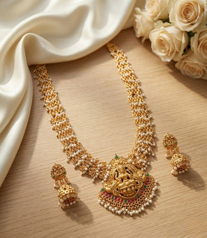 Jewel City Gold Plated South Indian Temple Jewelry Set Long Lakshmi Necklace with Pearl Jhumka Earrings Bridal Wedding