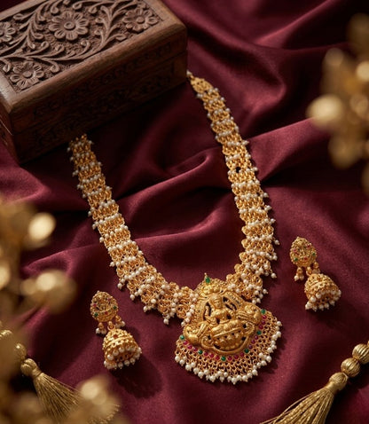 Jewel City Gold Plated South Indian Temple Jewelry Set Long Lakshmi Necklace with Pearl Jhumka Earrings Bridal Wedding