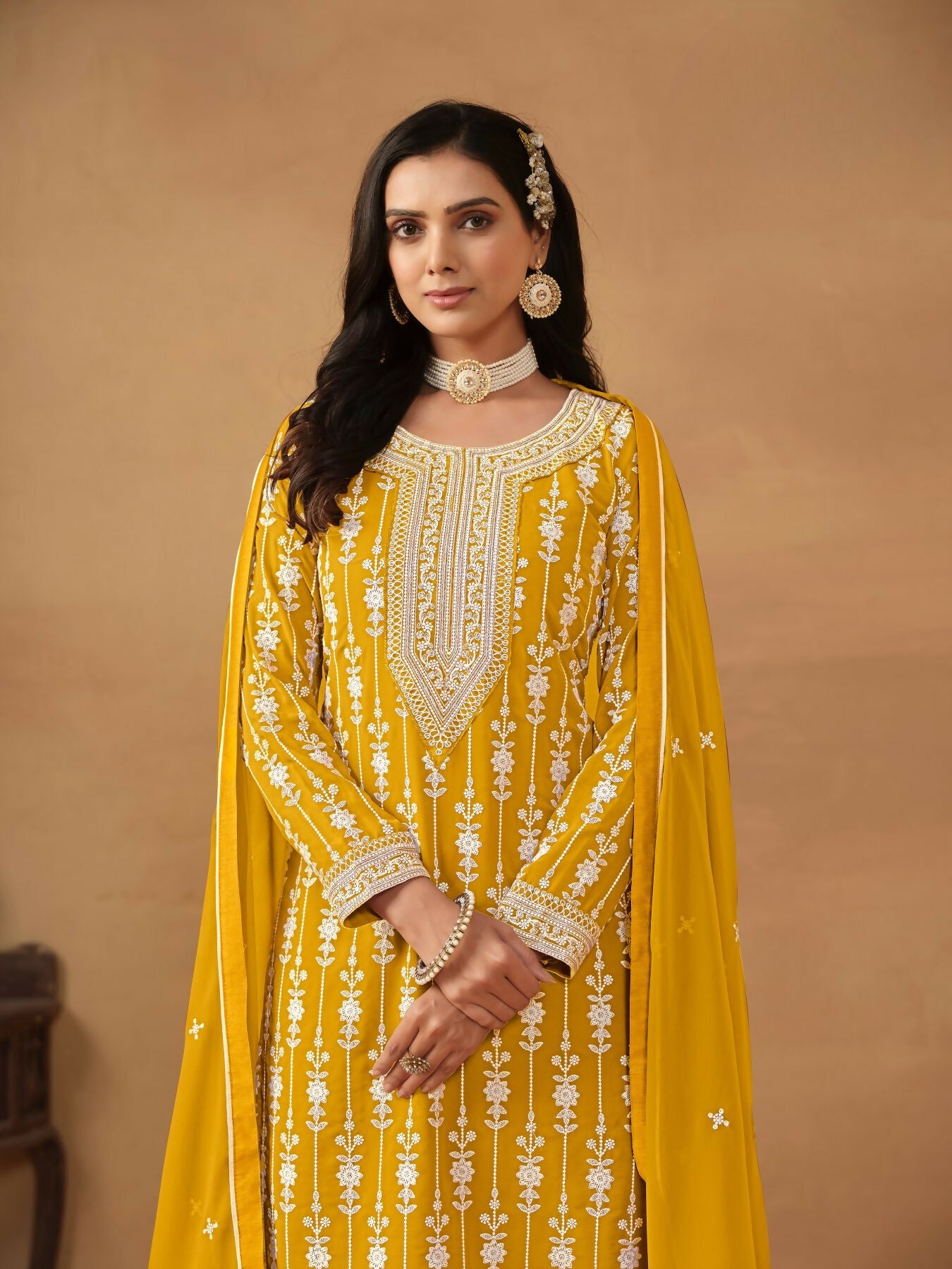 Anaita Yellow Embroidered Faux Georgette Salwar Suit