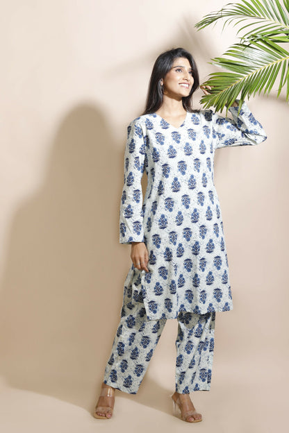 Breathables WomenS Cream Cotton Indian Motif Butta Loungewear Co-Ord Set  Long Kurta & Pants