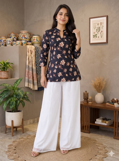 Teeya Creation Women Black Beige Floral Printed Cotton Kurti with White Wide-Leg Palazzo Set