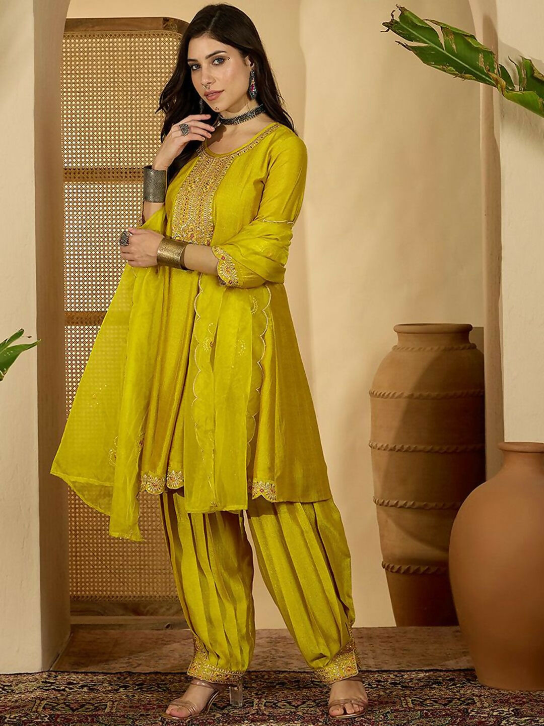 The52 Women's Beautiful Embroidery Work Vichitra Fabric A-line Kurta Pant and Dupatta Set-Yellow