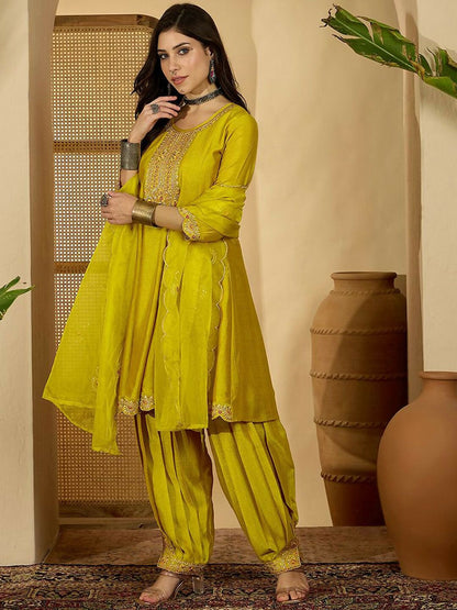 The52 Women's Beautiful Embroidery Work Vichitra Fabric A-line Kurta Pant and Dupatta Set-Yellow