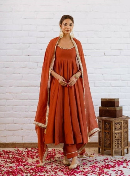 Teeya Creation Rust Orange Solid Anarkali Kurta With Pants And Dupatta Set