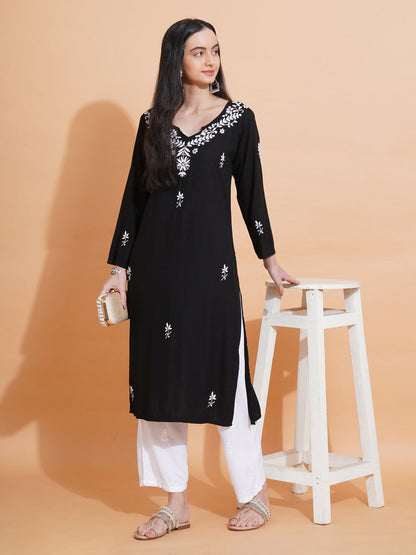 Pahnaz Luxury Rayon Chikankari Long Kurti-Black