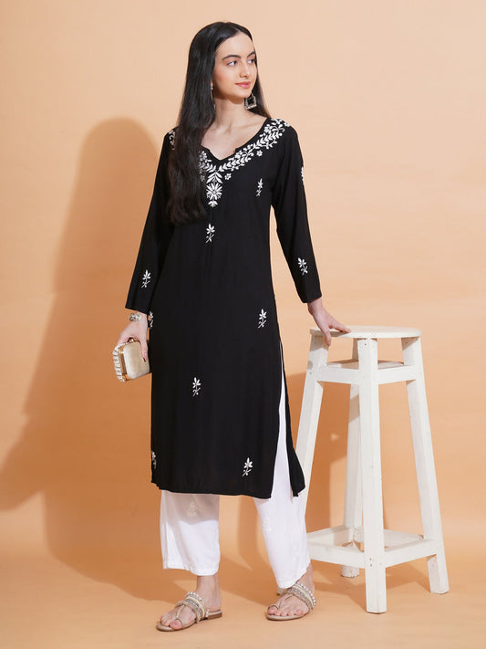 Pahnaz Luxury Rayon Chikankari Long Kurti-Black