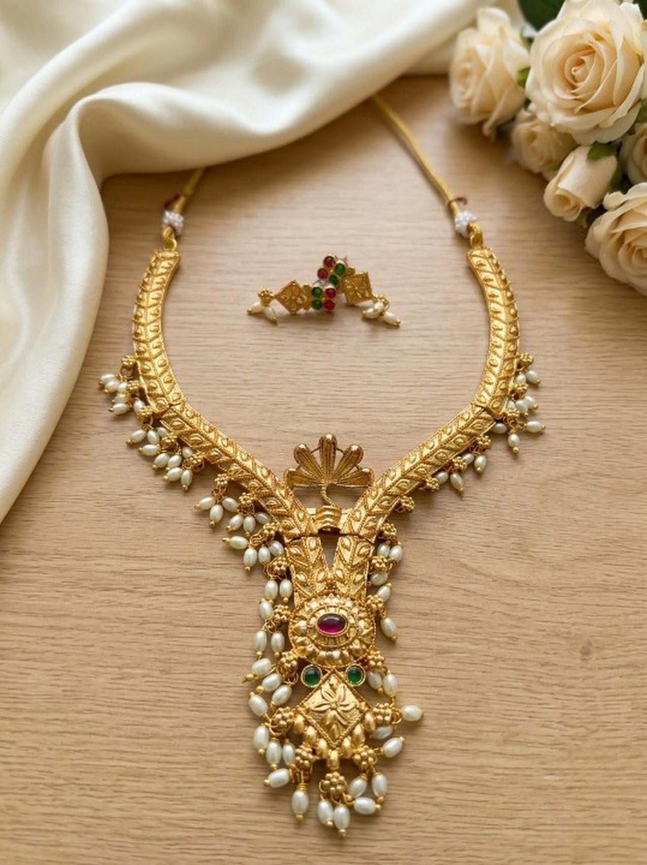 Jewel City Gold Plated Traditional Indian Necklace Set with Pearls, Ruby and Emerald Accents
