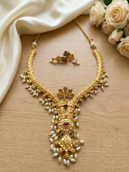 Jewel City Gold Plated Traditional Indian Necklace Set with Pearls, Ruby and Emerald Accents