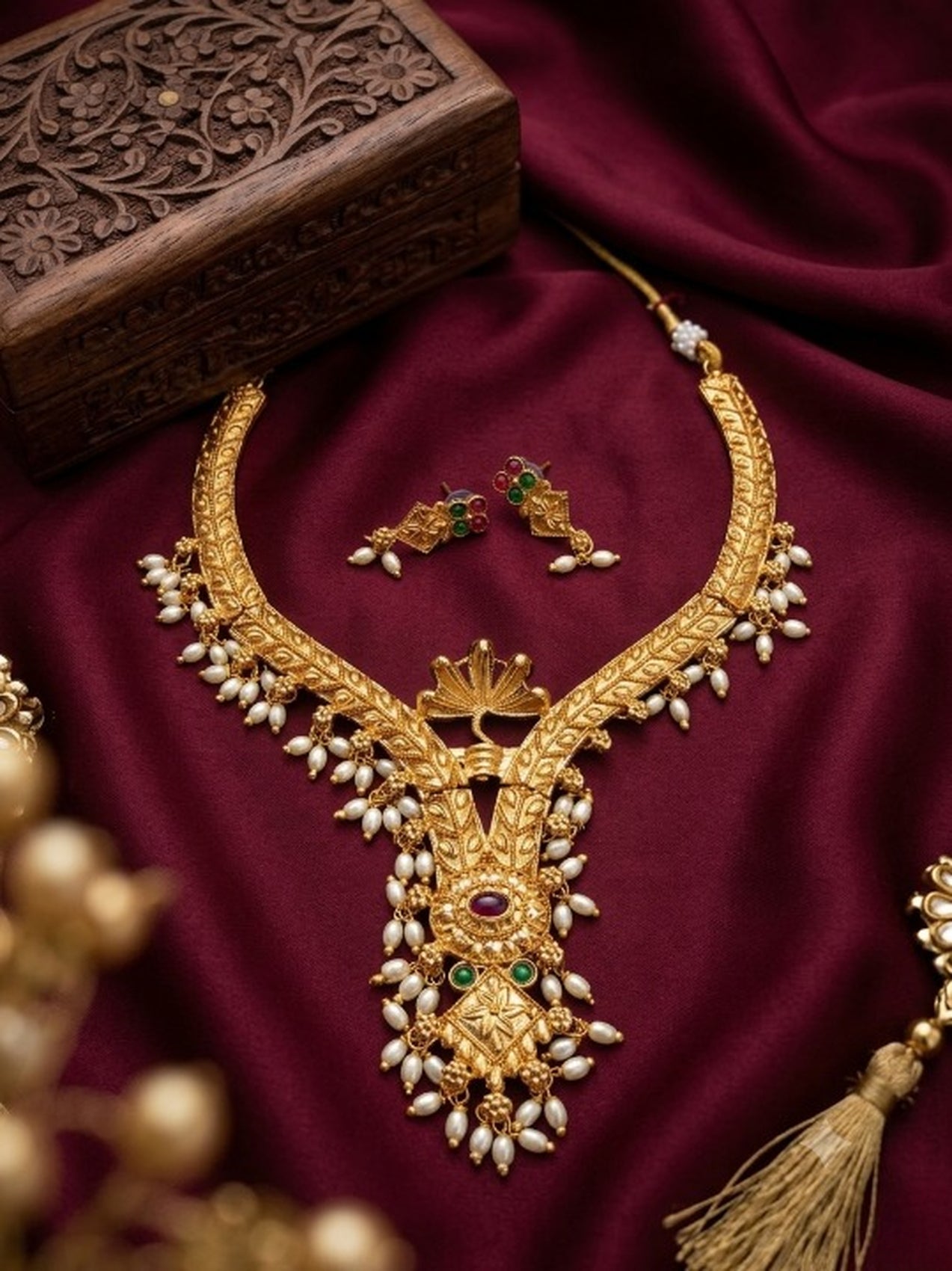 Jewel City Gold Plated Traditional Indian Necklace Set with Pearls, Ruby and Emerald Accents