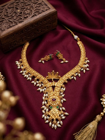 Jewel City Gold Plated Traditional Indian Necklace Set with Pearls, Ruby and Emerald Accents