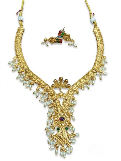 Jewel City Gold Plated Traditional Indian Necklace Set with Pearls, Ruby and Emerald Accents