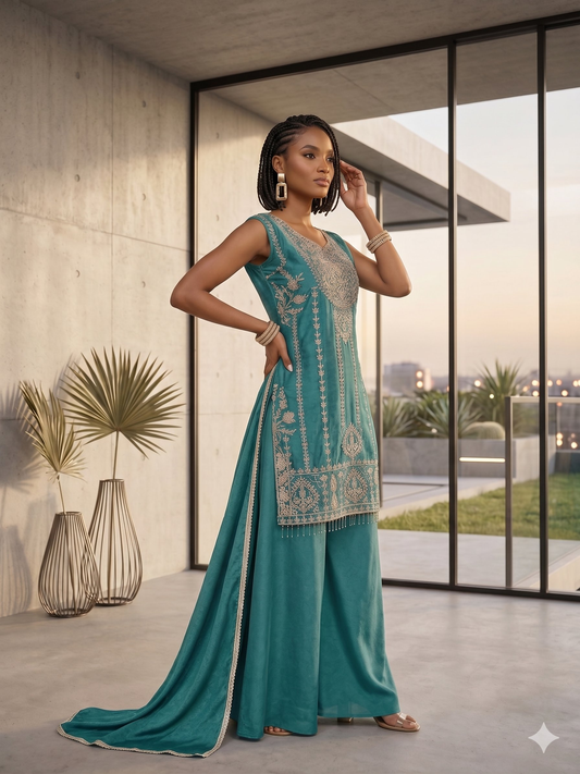 Teeya Creation Womens New Trendy Stylish Heavy Embroiedery With Beads Work Teal Kurta Set