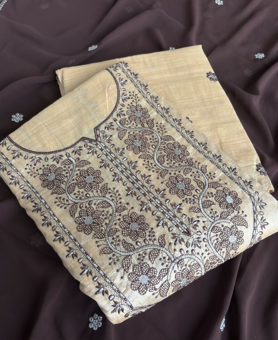 KC Khadi Cotton White Suit With Brown Dupatta 3 Piece Pair For Women