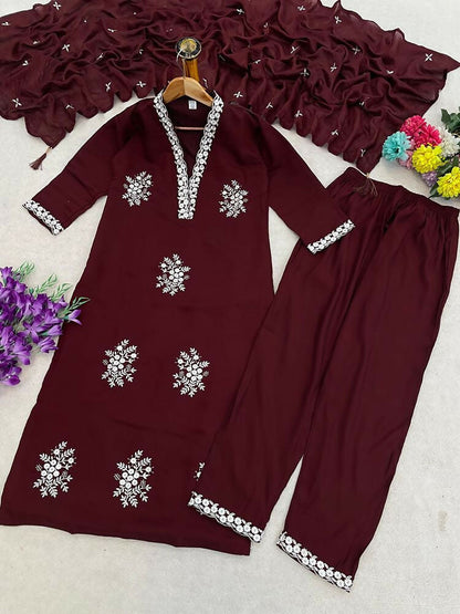 Teeya Creation Vibrant Dark-Maroon Embroidered Kurti with Pant and Dupatta Set