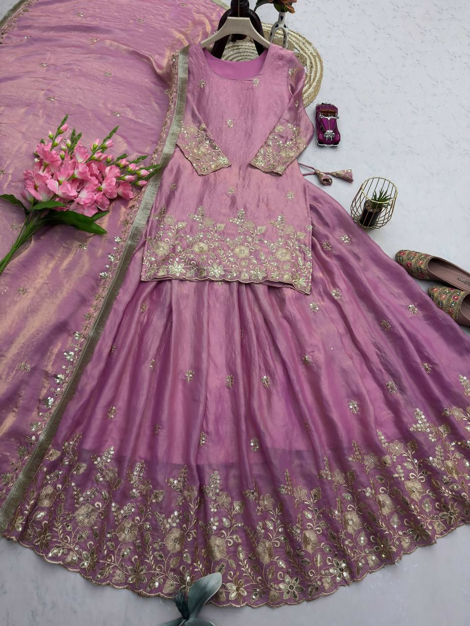 Teeya Creation Womens New Latest Heavy Embroidery Sequins Work Lehenga Set - Pink