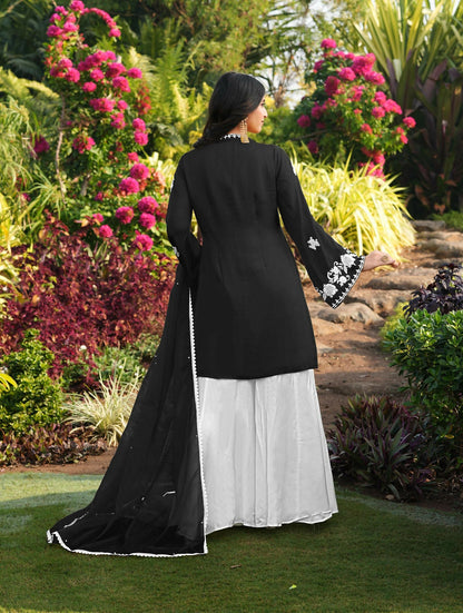 Nikhaar Black Embroidered Modal Silk Stitched Straight Cut Kurta Kalidar Palazzo Dupatta Readymade Suit