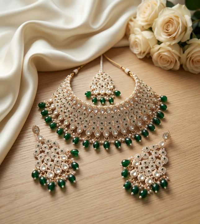 Jewel City Kundan Bridal Choker Jewelry Set with Beads | Indian Wedding Necklace, Drop Earrings & Maang Tikka