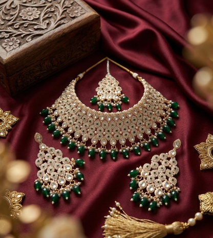 Jewel City Kundan Bridal Choker Jewelry Set with Beads | Indian Wedding Necklace, Drop Earrings & Maang Tikka