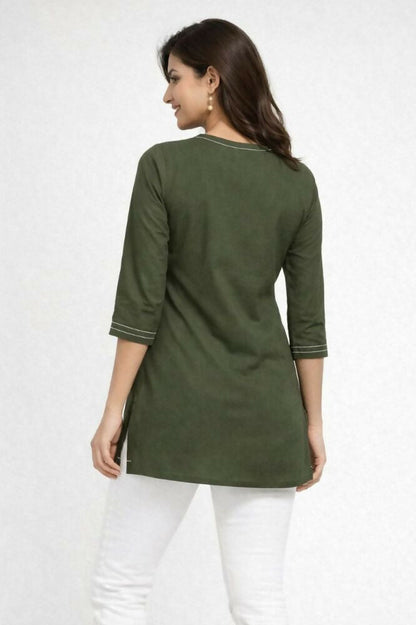 Teeya Creation Womens New Latest Cotton Mehendi Green Floral Embroidered Short Kurti