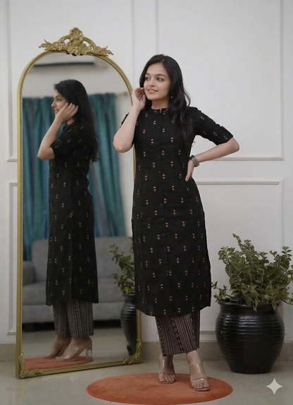 Teeya Creation Classic Black Cotton Kurta Set With Subtle Embroidery And Printed Palazzos