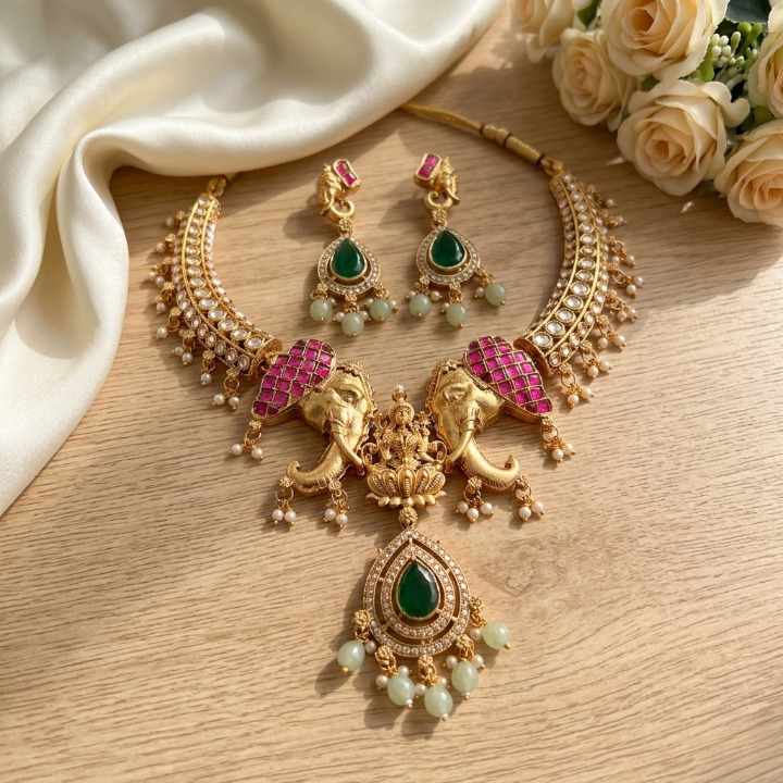 Jewel City Antique Gold Temple Jewelry Set with Kundan Elephant Motif Necklace & Earrings  Indian Bridal Wedding Choker