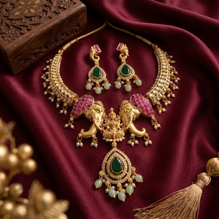 Jewel City Antique Gold Temple Jewelry Set with Kundan Elephant Motif Necklace & Earrings  Indian Bridal Wedding Choker