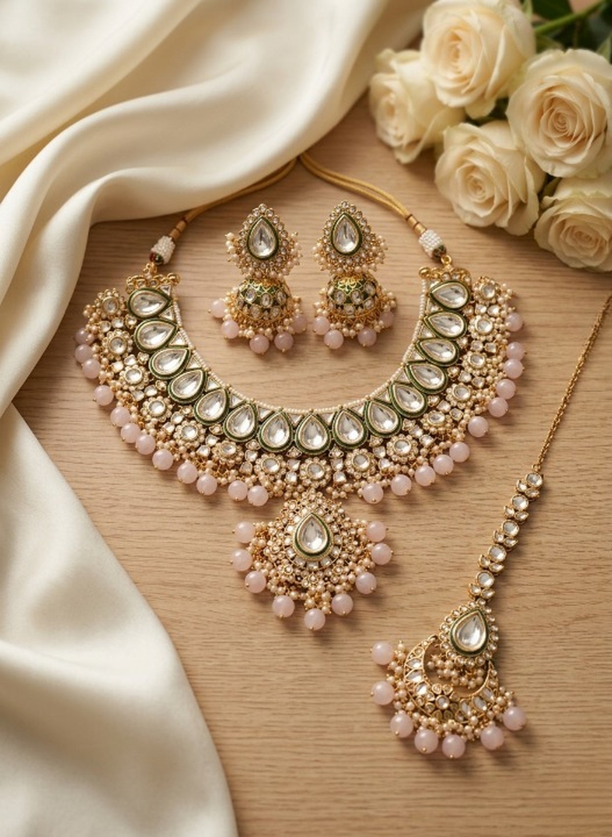 Jewel City Handcrafted Traditional Gold-Plated Kundan Bridal Jewelry Set with Maang Tikka & Jhumka Earrings