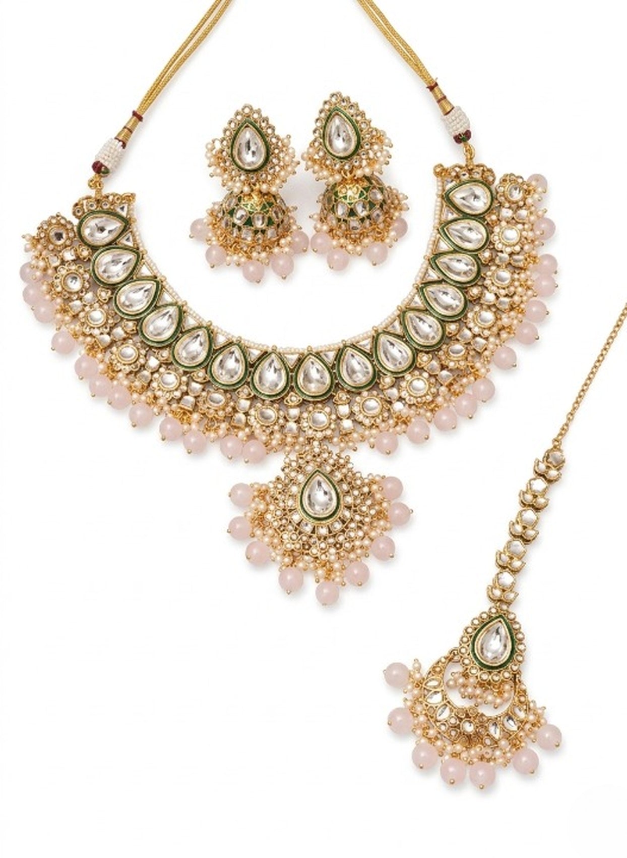 Jewel City Handcrafted Traditional Gold-Plated Kundan Bridal Jewelry Set with Maang Tikka & Jhumka Earrings