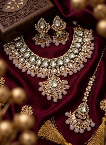 Jewel City Handcrafted Traditional Gold-Plated Kundan Bridal Jewelry Set with Maang Tikka & Jhumka Earrings