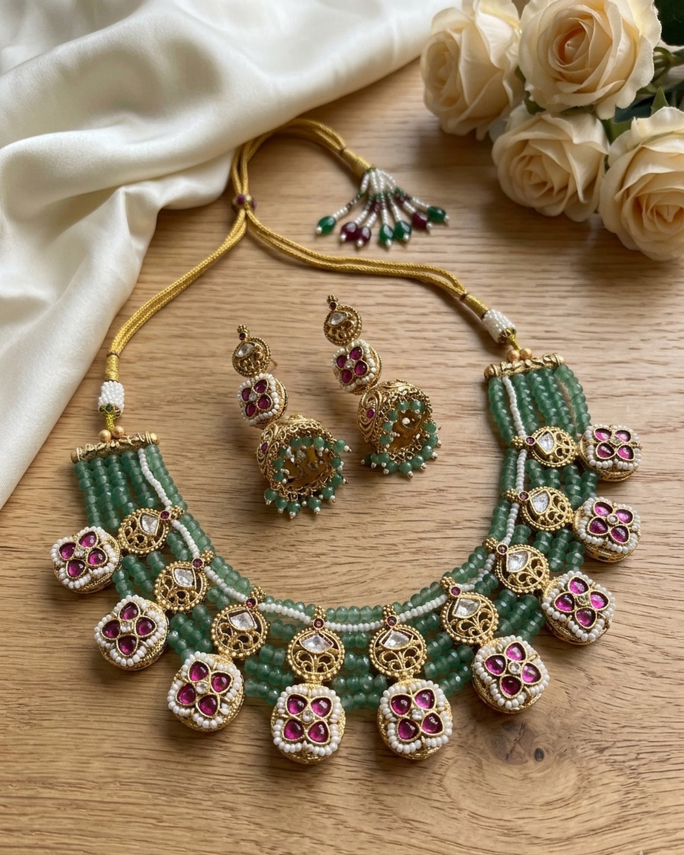 Jewel City Traditional Polki & Green Beaded Choker Necklace Set with Jhumka Earrings | Gold-Plated Ethnic Bridal Jewelry