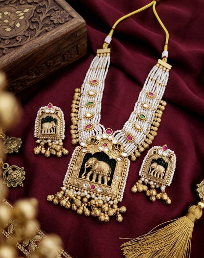Jewel City Handcrafted Elephant Motif Gold-Plated Pearl Necklace Set - Traditional Ethnic Jewelry for Weddings & Festivals