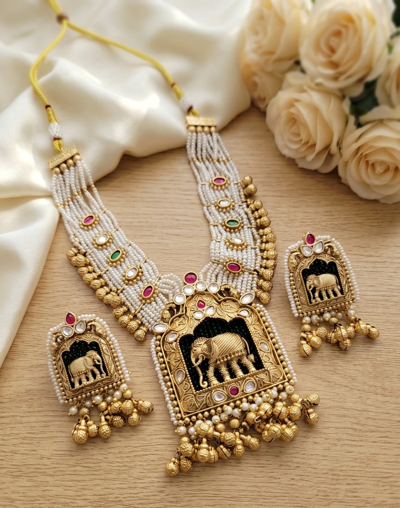Jewel City Handcrafted Elephant Motif Gold-Plated Pearl Necklace Set - Traditional Ethnic Jewelry for Weddings & Festivals