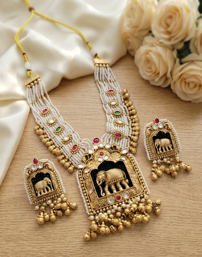 Jewel City Handcrafted Elephant Motif Gold-Plated Pearl Necklace Set - Traditional Ethnic Jewelry for Weddings & Festivals
