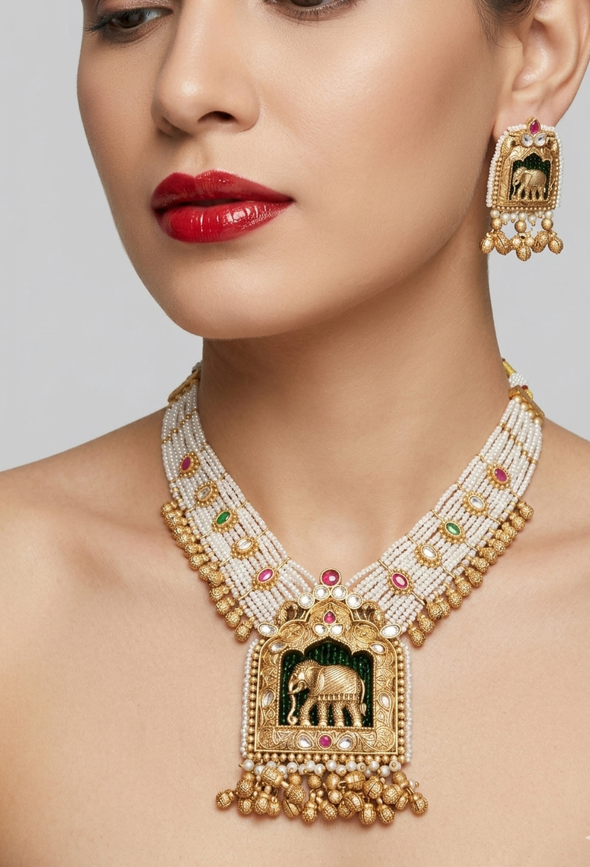 Jewel City Handcrafted Elephant Motif Gold-Plated Pearl Necklace Set - Traditional Ethnic Jewelry for Weddings & Festivals