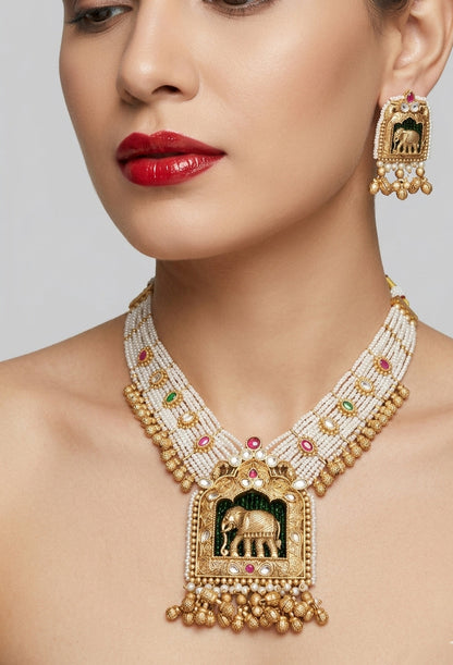 Jewel City Handcrafted Elephant Motif Gold-Plated Pearl Necklace Set - Traditional Ethnic Jewelry for Weddings & Festivals
