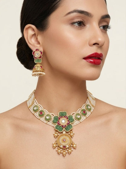 Jewel City Antique Gold-Plated Kundan Pearl Bridal Necklace Set with Jhumka | Traditional Ethnic Jewelry
