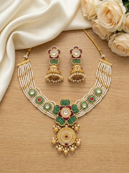 Jewel City Antique Gold-Plated Kundan Pearl Bridal Necklace Set with Jhumka | Traditional Ethnic Jewelry