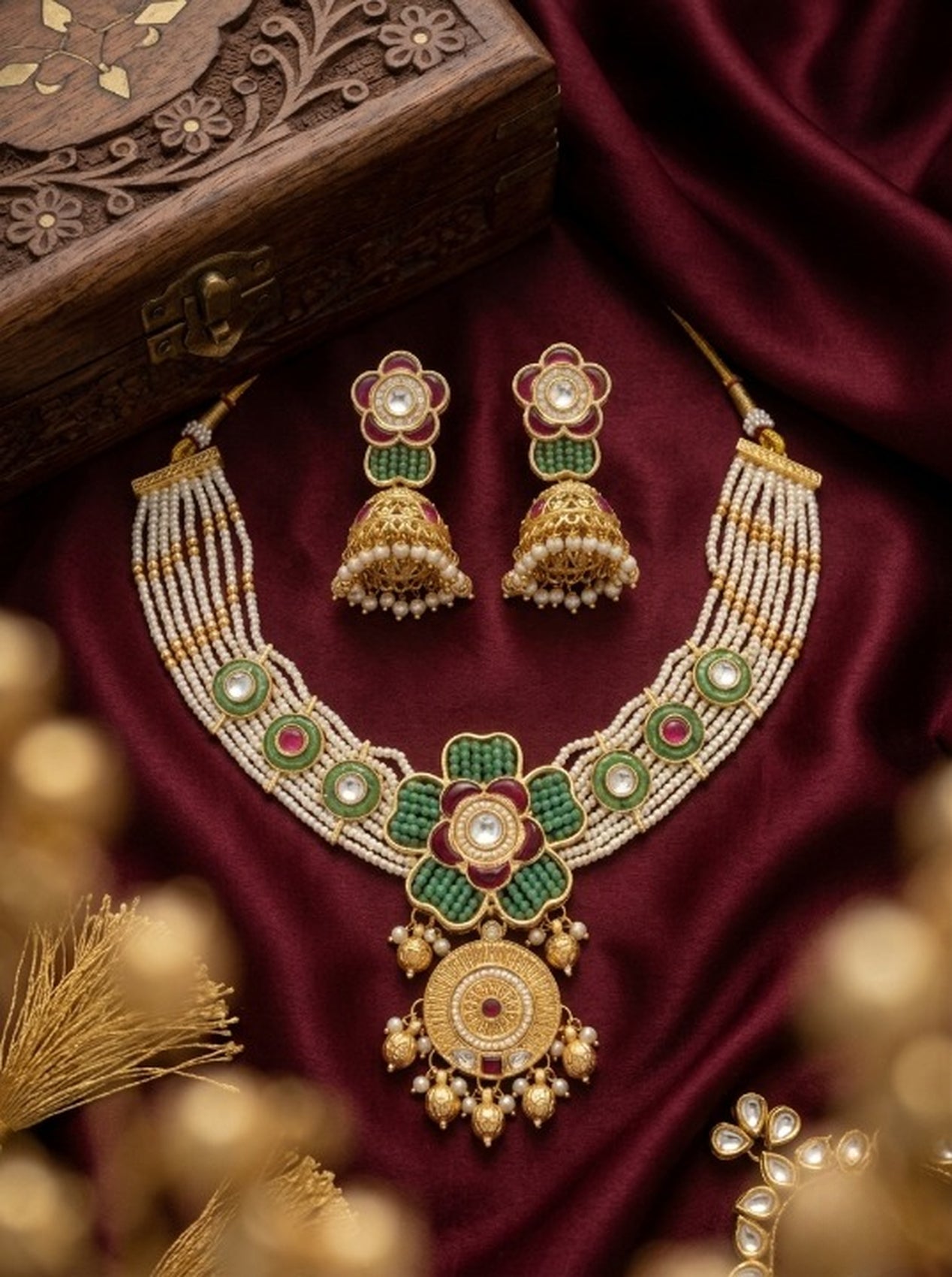 Jewel City Antique Gold-Plated Kundan Pearl Bridal Necklace Set with Jhumka | Traditional Ethnic Jewelry
