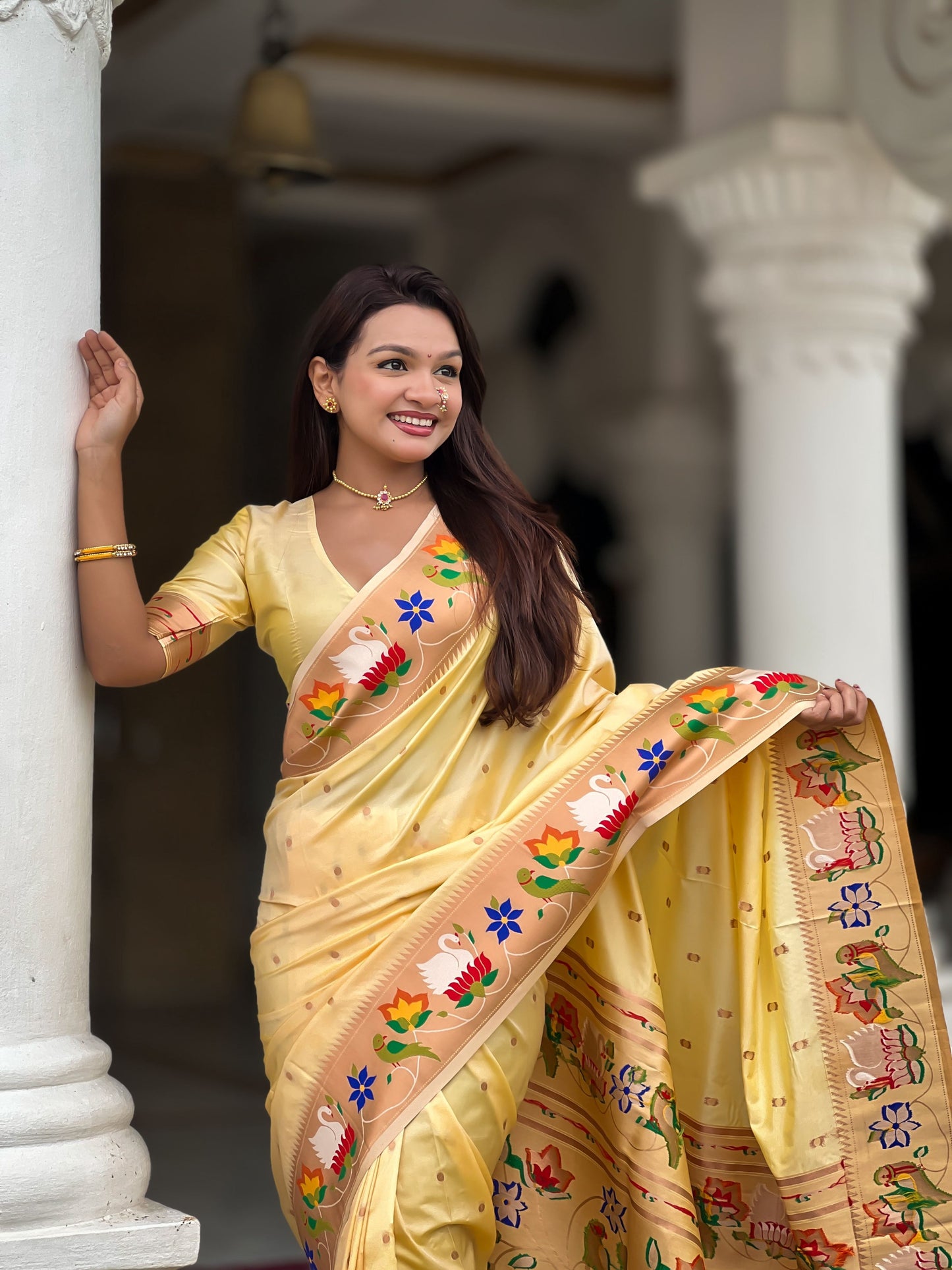 Mameraa Sarees Cream Faux Banarasi Silk Saree With Paithani Rich Weaved Pallu And Blouse-Cream