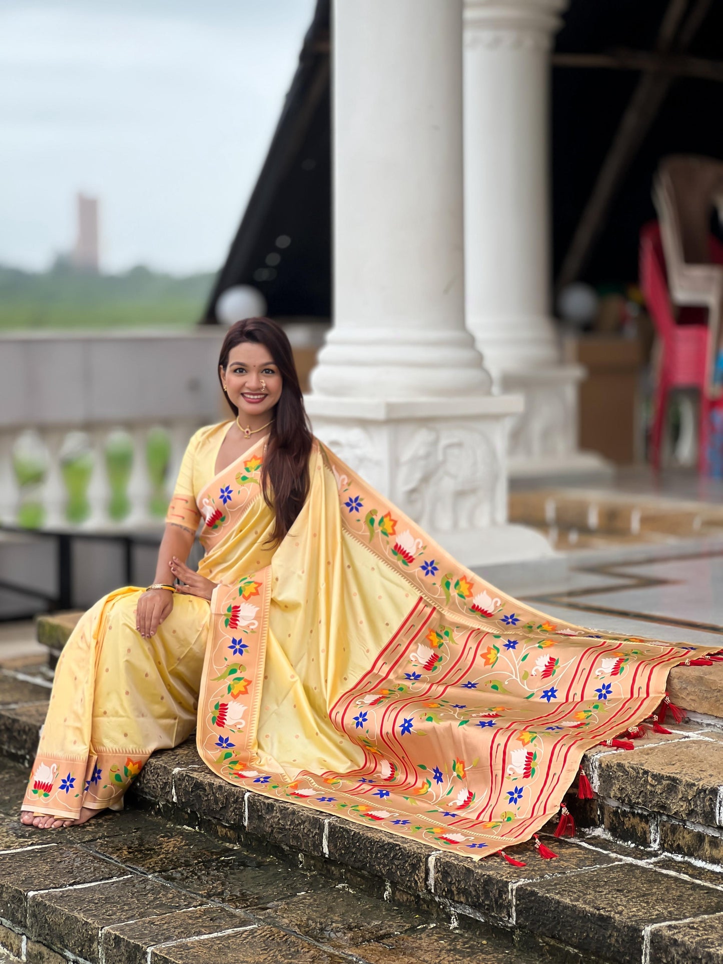 Mameraa Sarees Cream Faux Banarasi Silk Saree With Paithani Rich Weaved Pallu And Blouse-Cream