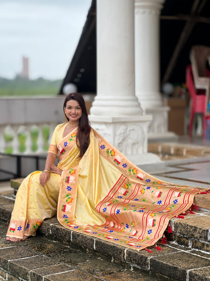 Mameraa Sarees Cream Faux Banarasi Silk Saree With Paithani Rich Weaved Pallu And Blouse-Cream