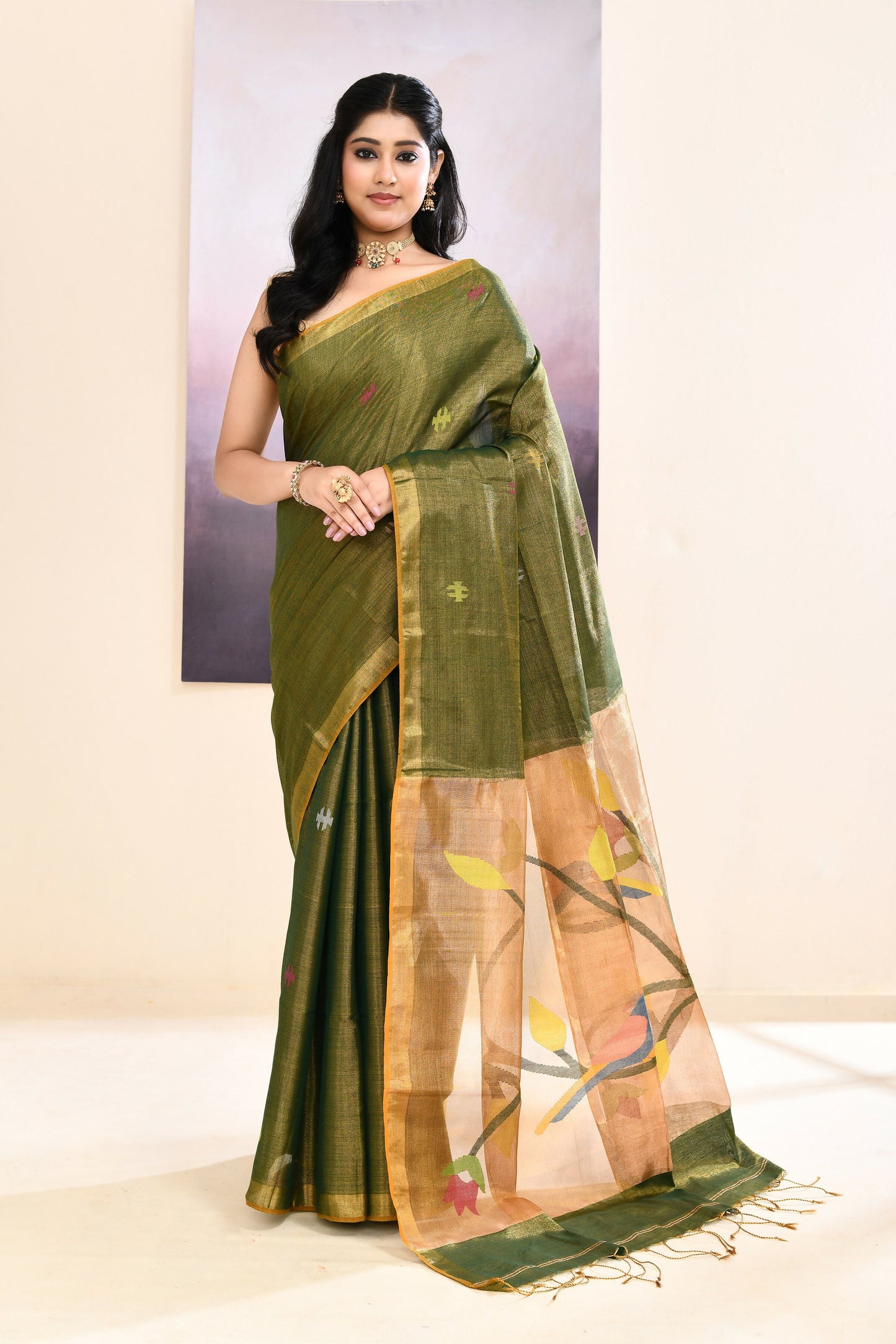 Piyari Fashion Women's Moss Green Embellished Tissue Jamdani Saree