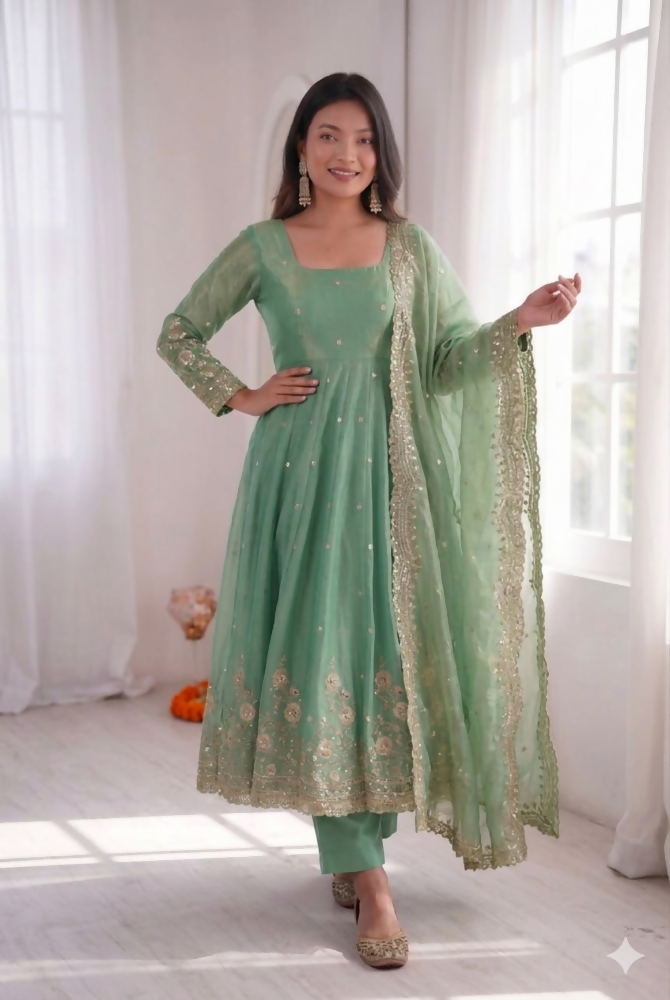 Teeya Creation Womens New Latest Trendy Elegant Pista Embroidered Anarkali Suit Set with Scalloped Dupatta