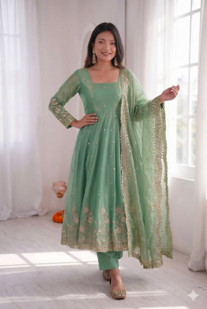 Teeya Creation Womens New Latest Trendy Elegant Pista Embroidered Anarkali Suit Set with Scalloped Dupatta