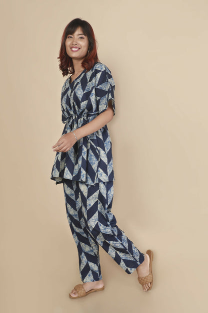 Breathables WomenS Loungewear Kaftan Cotton Blue Abstract Print Co-Ord Set