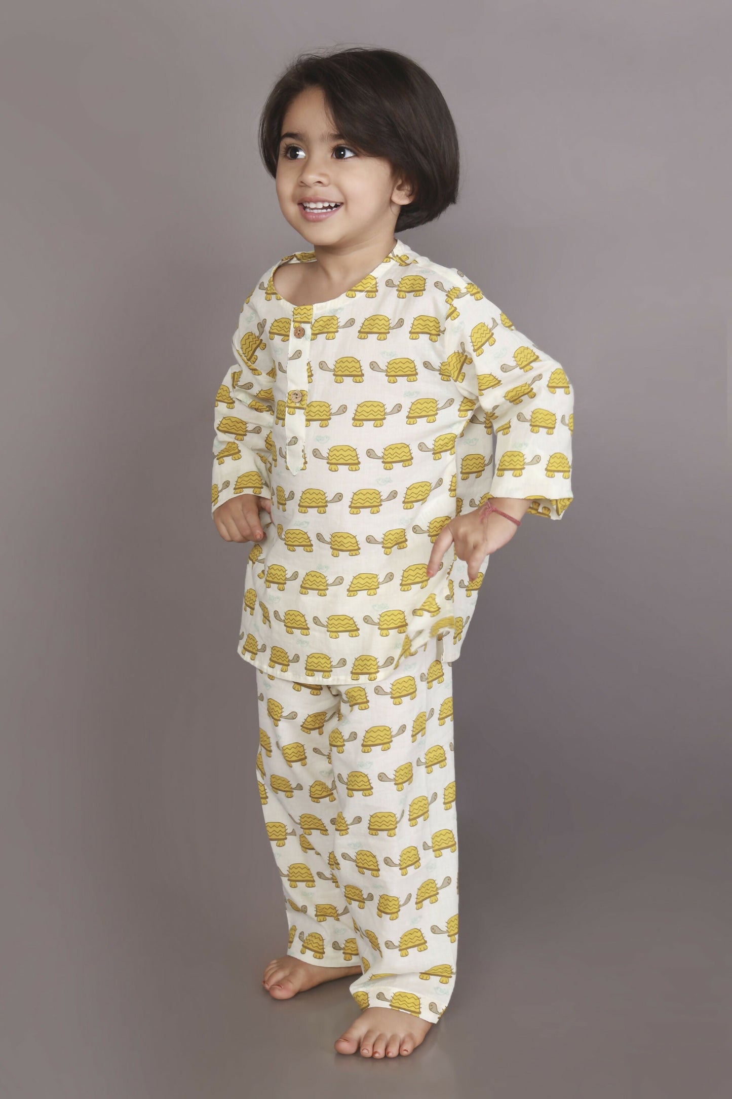 Breathables Kids Cotton Turtle Print Co-Ord Night Suit With Kurta And Pyjama  White & Yellow