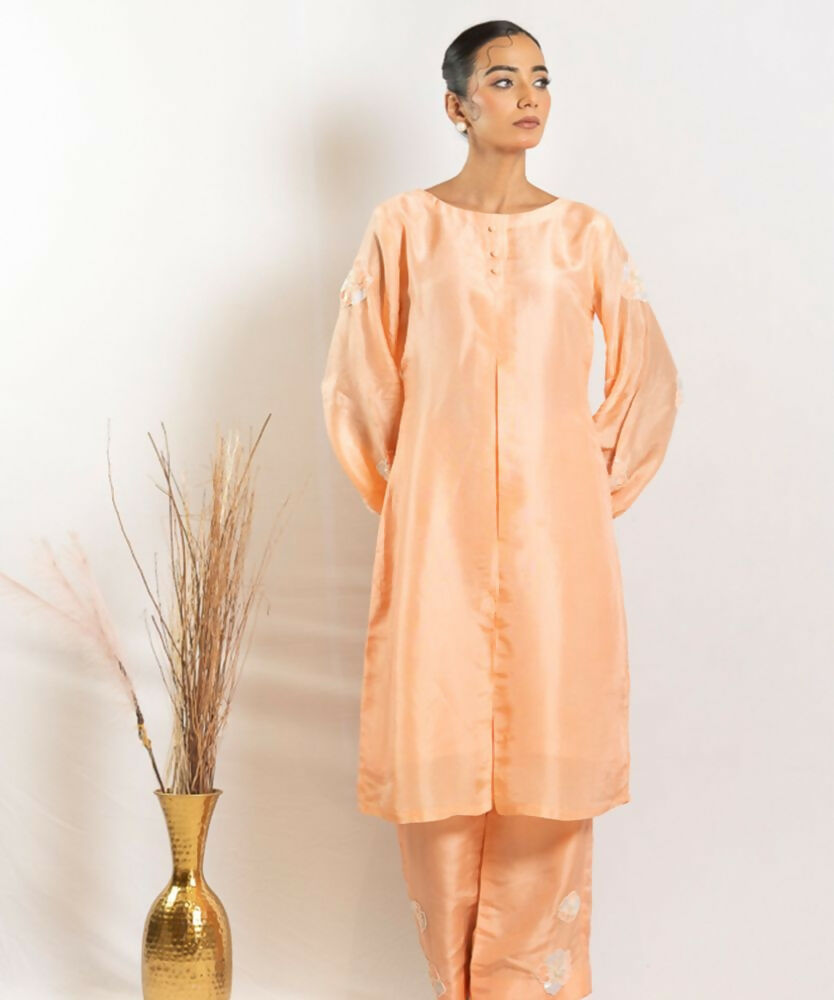 Timaraa Peach Heirloom  Silk Aari Zardosi Co-Ord Set