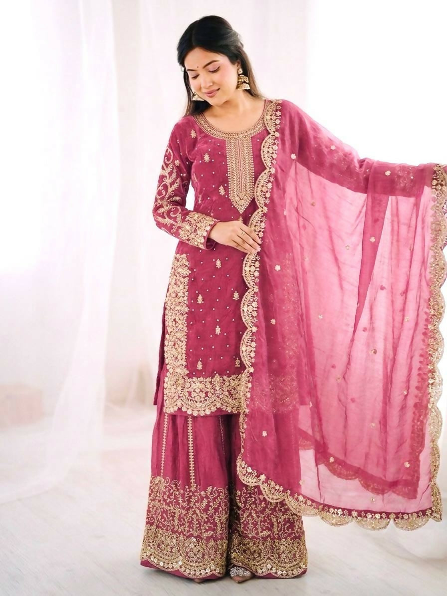 Teeya Creation Womens New Trendy Embroidery Coding And Sequence Work Pink Kurta Set