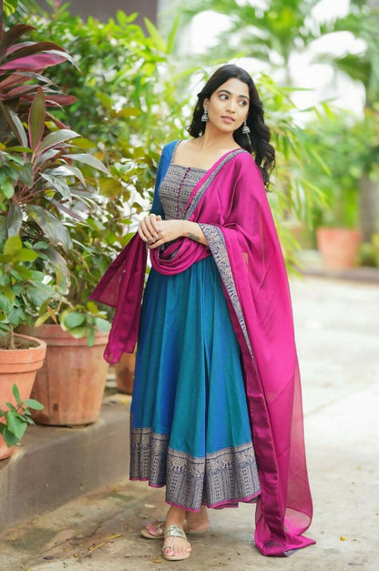 Teeya Creation Womens New Elegant Blue Anarkali Gown with Embroidered Yoke Contrasting Pink Dupatta Set